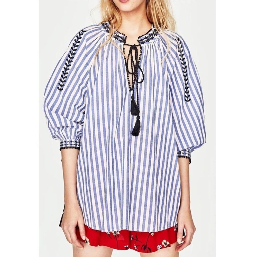 Zara Pinstripe Embroidered Tassel Tunic